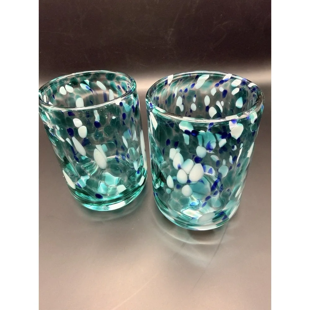 Vintage‎ Hand Blown Art Glass Tumblers Set of 2 Blue Green Confetti Coastal